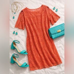 Lauren Ralph Lauren Coral Crochet Lace Short Sleeve Shift Dress Size S